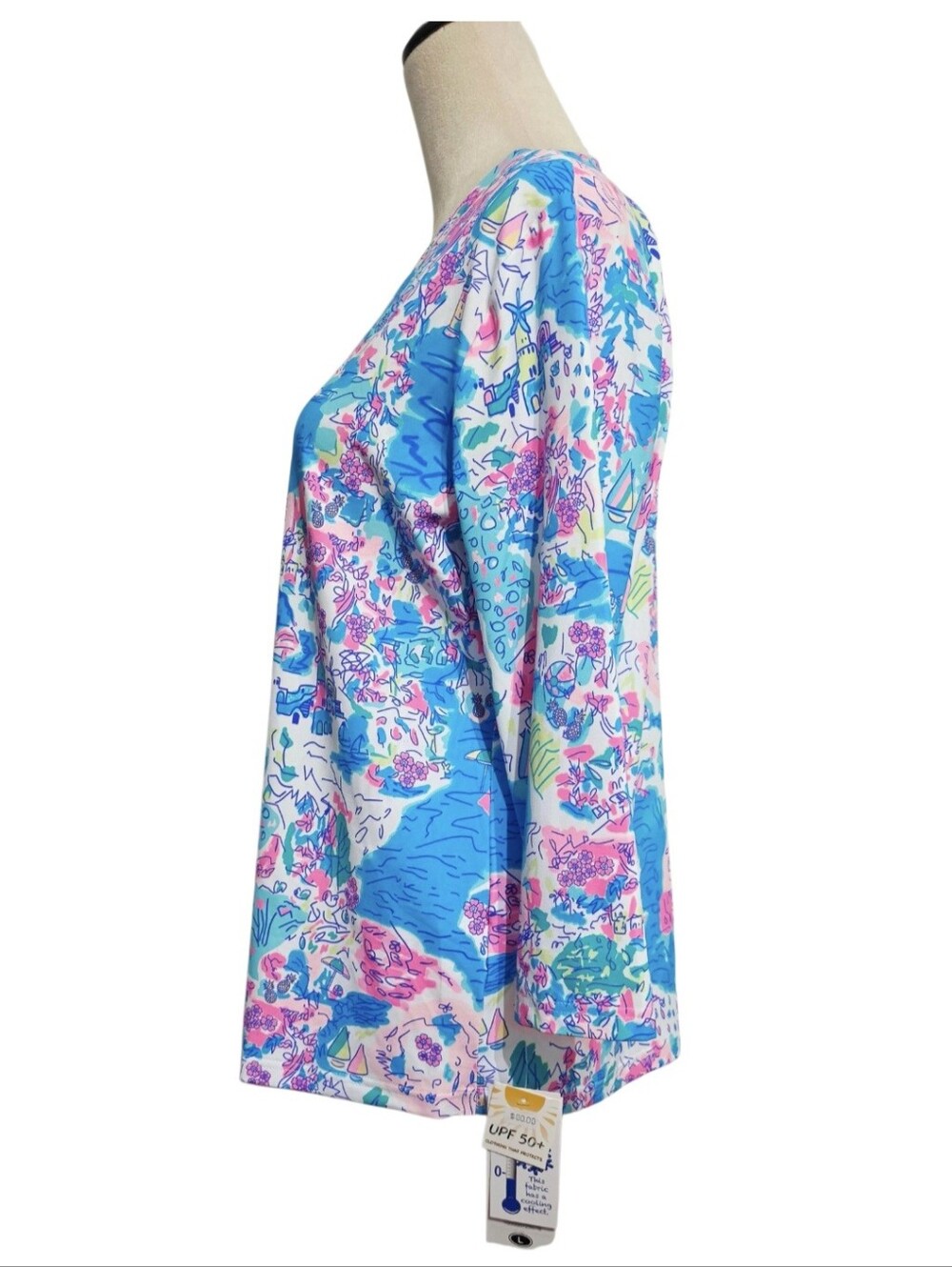 Lulu-B Women Size Large UPF 50+ Cooling Top 3/4 Sleeve V Neck Coastal Print NWT - Picture 4 of 14